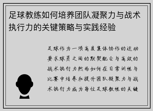 足球教练如何培养团队凝聚力与战术执行力的关键策略与实践经验