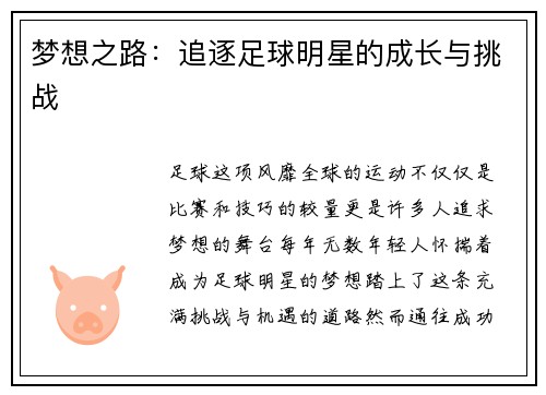 梦想之路：追逐足球明星的成长与挑战
