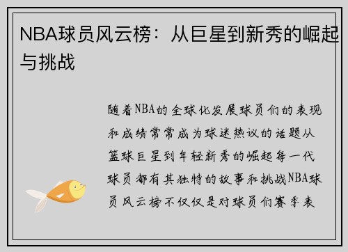 NBA球员风云榜：从巨星到新秀的崛起与挑战