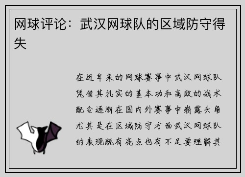 网球评论：武汉网球队的区域防守得失