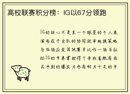 高校联赛积分榜：IG以67分领跑