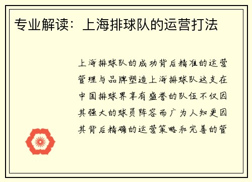 专业解读：上海排球队的运营打法